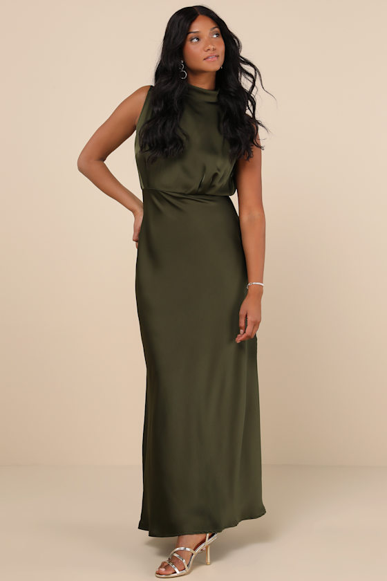 Classic Elegance Olive Satin Sleeveless Mock Neck Maxi Dress