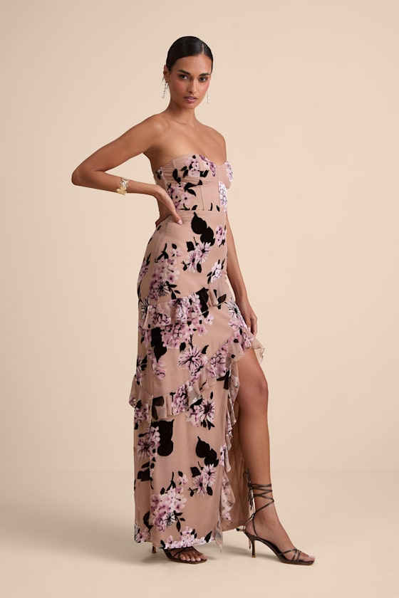 Chelisa Beige Floral Ruffled Strapless Bustier Maxi Dress