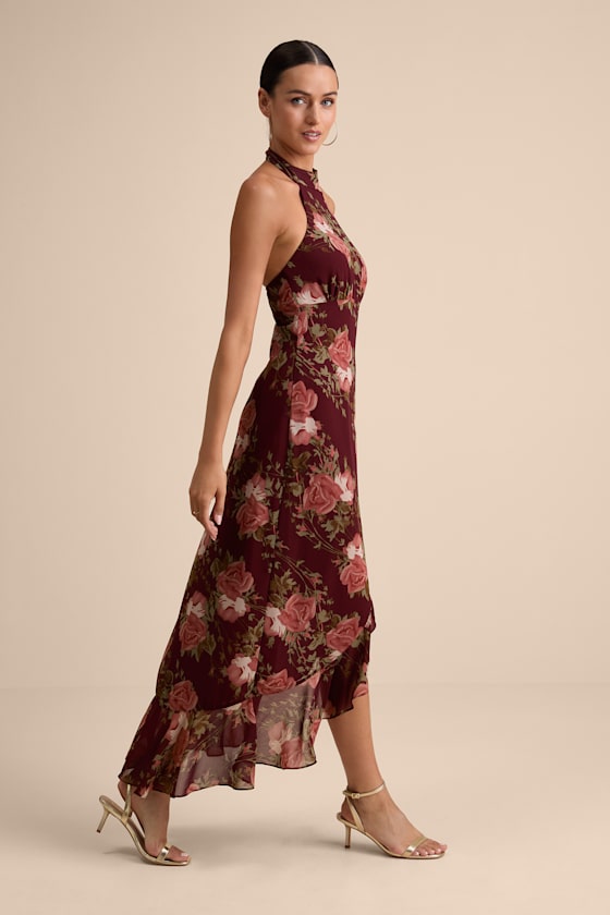 Elegant Entrance Wine Red Floral Print Halter Maxi Dress