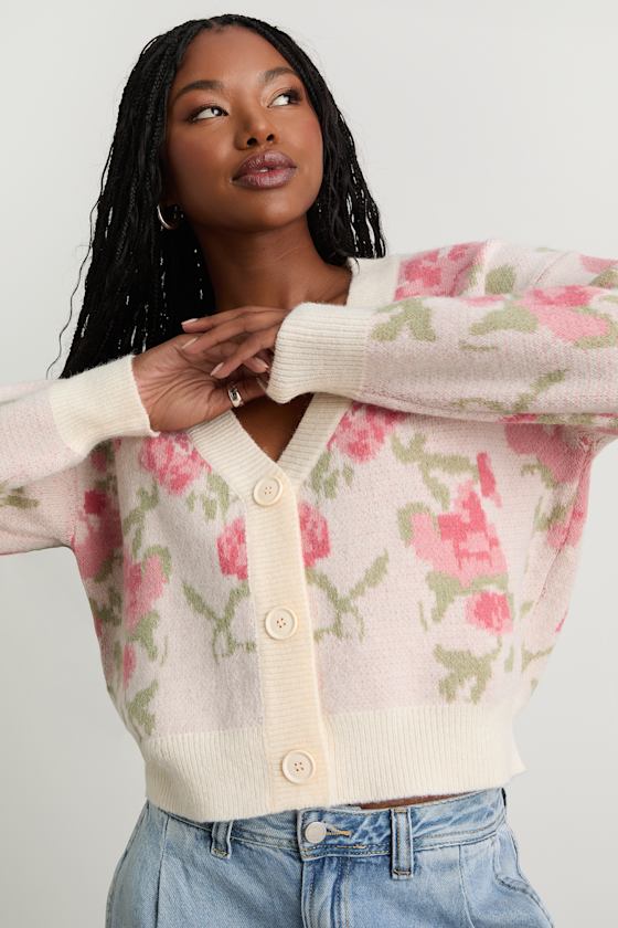 Wylenna Cream and Blush Floral Cropped Cardigan Sweater