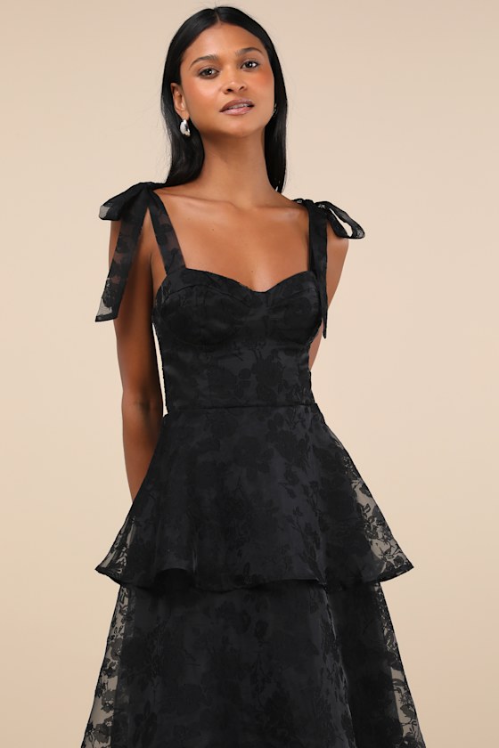 Glamorous Sweetie Black Burnout Tie-Strap Bustier Midi Dress
