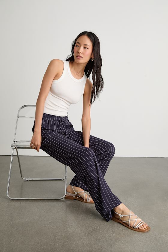 Aravah Navy Pinstriped Linen Wide-Leg Pants