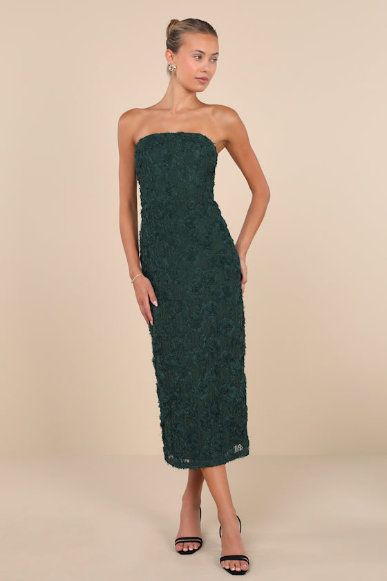 Flawless Perfection Emerald Floral Applique Strapless Midi Dress