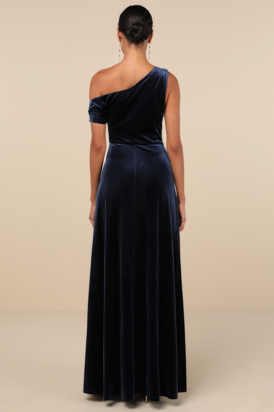 Coveted Confidence Navy Blue Velvet Asymmetrical Maxi Dress