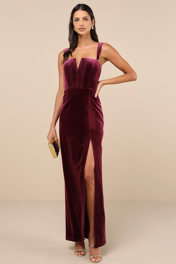 Pristine Luxury Dark Berry Velvet Bustier Maxi Dress