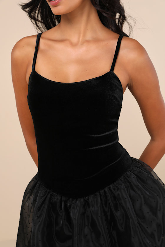 Coquette Energy Black Polka Dot Velvet Drop Waist Mini Dress