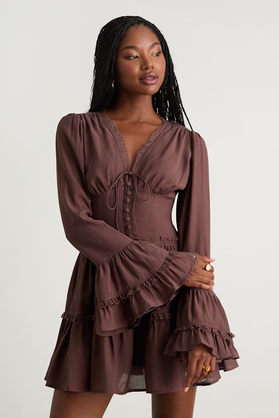 Ayaana Brown Long Sleeve Tiered Mini Dress