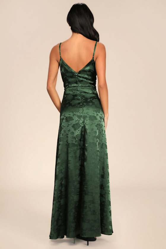 Simply Dreamy Emerald Green Satin Floral Jacquard Maxi Dress