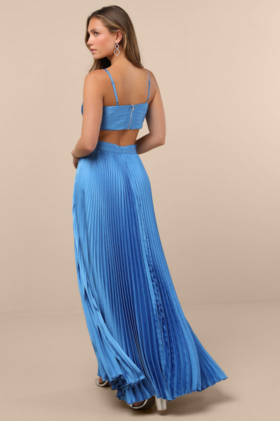 Got the Glam Blue Pleated Cutout Maxi Dress