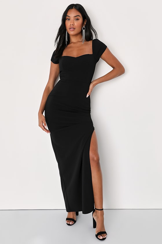 Essential Invitee Black Cap Sleeve Column Maxi Dress