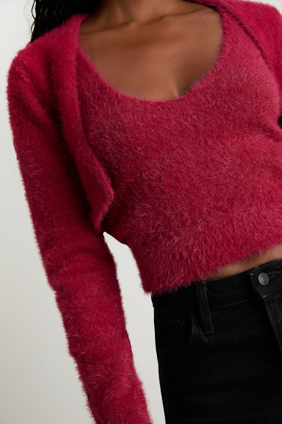 Mekea Berry Red Eyelash Knit Tank Top and Cropped Cardigan Set