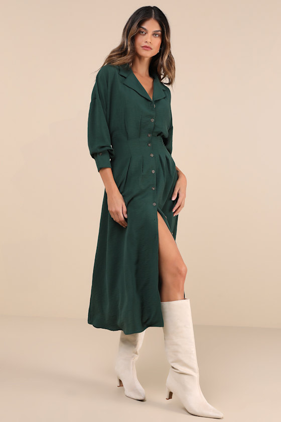Timeless Class Dark Green Collared Button-Up Pleated Midi Dress
