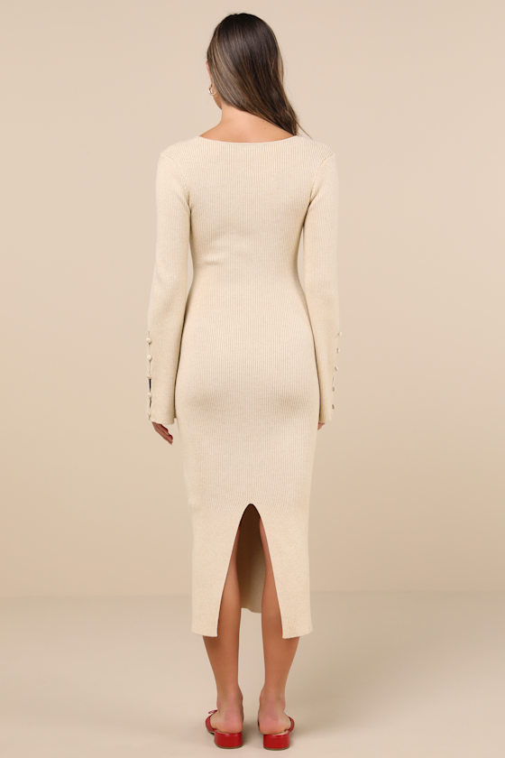 Classy Attitude Beige Ribbed Square Neck Midi Sweater Dress