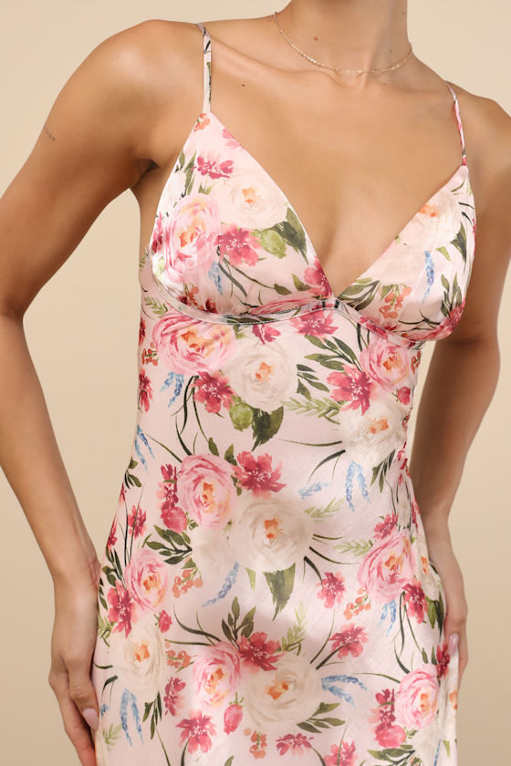 Alaia Blush Multi Floral Satin Backless Midi Dress