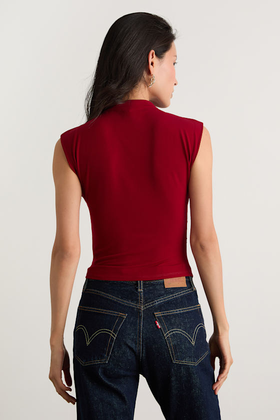 Avaina Wine Red Slinky Knit Ruched Mock Neck Sleeveless Top