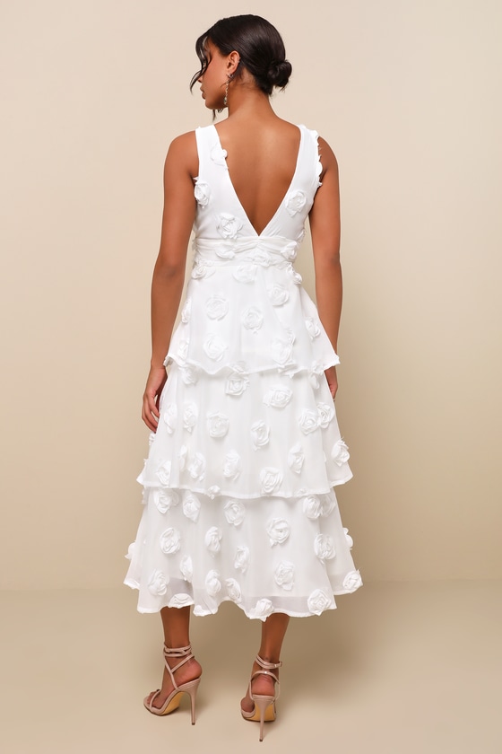 Exceptional Entrance White Sleeveless Tiered Rosette Midi Dress
