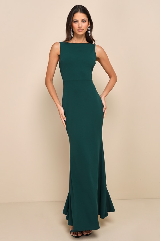 Exquisite Refinement Emerald Backless Bow Ruffled Maxi Dress