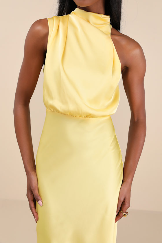 Distinctive Charm Yellow Satin Asymmetrical Midi Dress