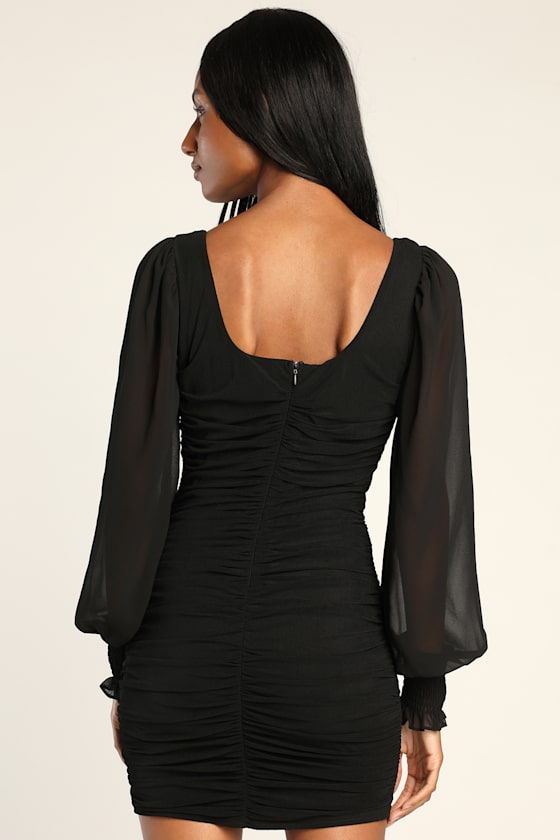 Perfect Sensation Black Mesh Ruched Puff Sleeve Mini Dress