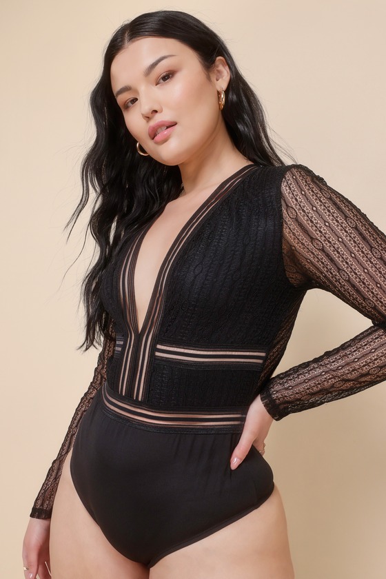 Casita Black Sheer Lace Long Sleeve Bodysuit