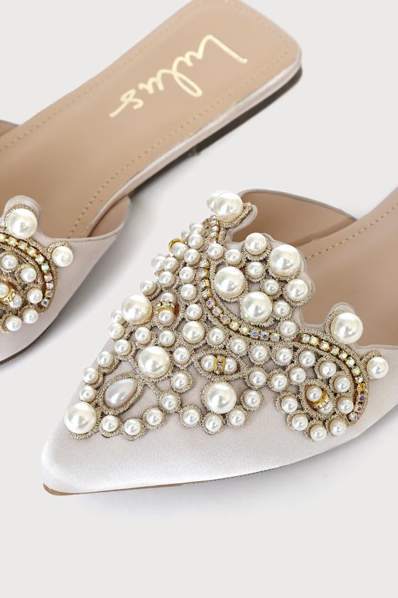 Flora Ivory Satin Pearl Embroidered Pointed-Toe Flats