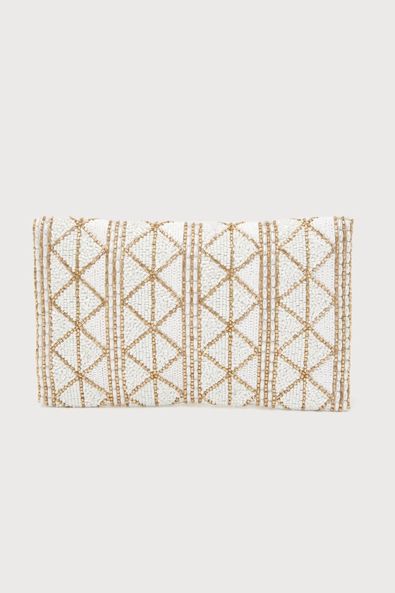Glowing Perception Ivory and Gold Geometric Beaded Sequin Clutch