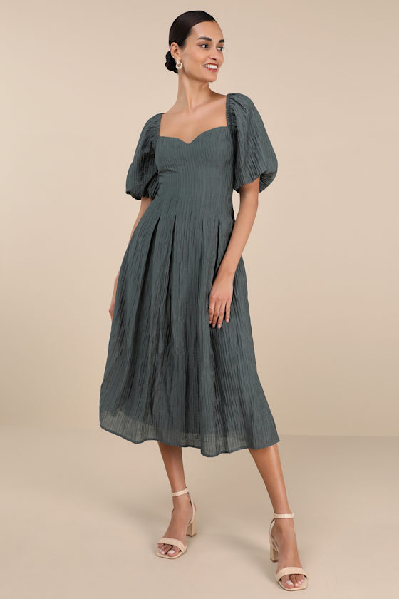 Heavenly Energy Dark Slate Textured Puff Sleeve Midi Dress