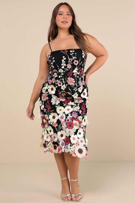 Thriving Energy Black 3D Floral Embroidered Lace-Up Midi Dress