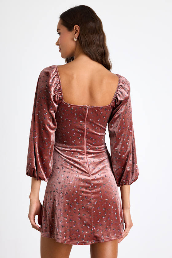 Adored Perfection Mauve Floral Velvet Balloon Sleeve Mini Dress