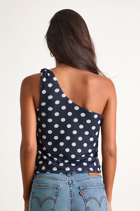 Saskia Navy Polka Dot Mesh One-Shoulder Top
