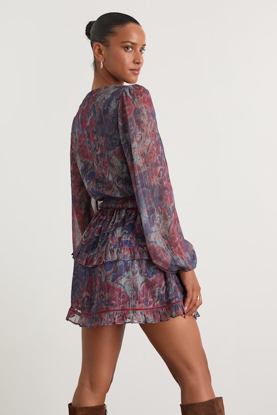 Variah Blue Multi Boho Print Long Sleeve Mini Dress