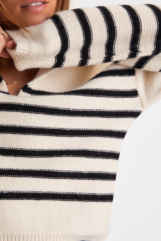 Timeless Energy Ivory Striped Collared Pullover Sweater