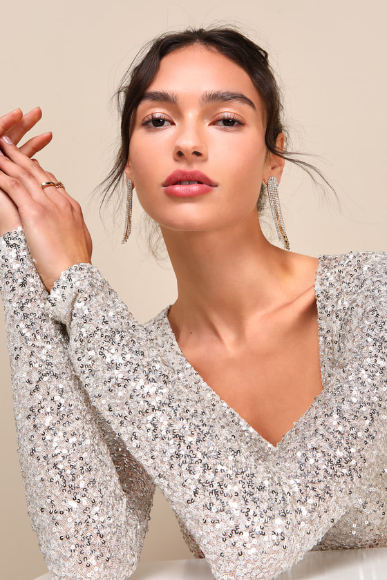 Unique Vibe Beige Sequin Asymmetrical Long Sleeve Top