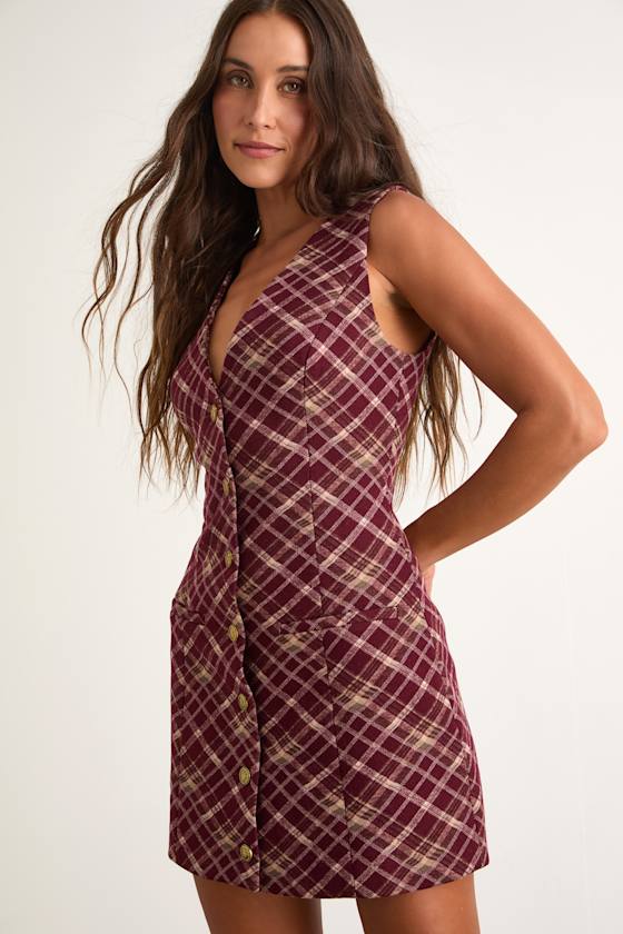 Kala Burgundy Plaid Button-Front Mini Dress