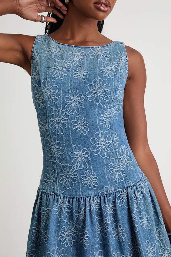 Kodi Medium Wash Floral Denim Drop Waist Mini Dress
