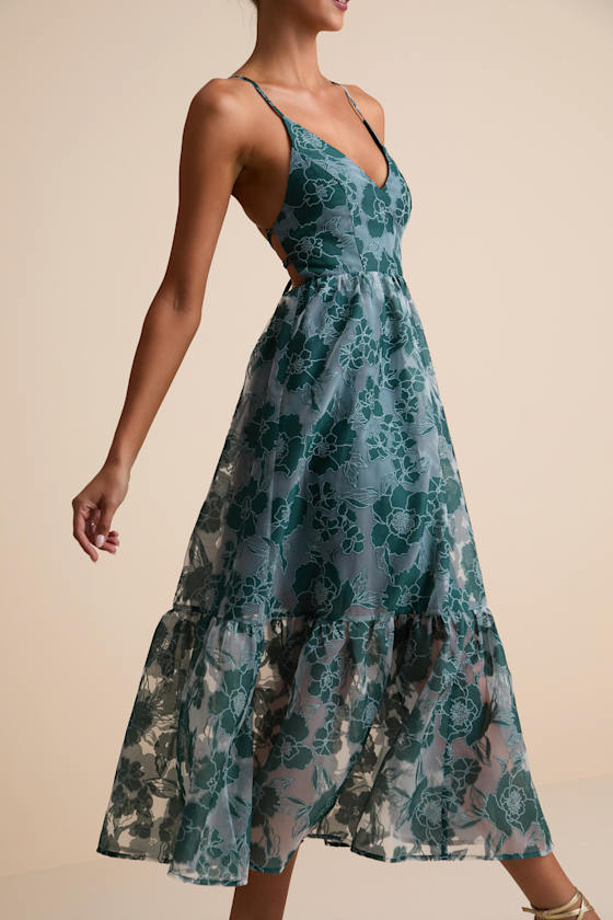 Feeling Like Forever Teal Jacquard Organza Lace-Up Midi Dress