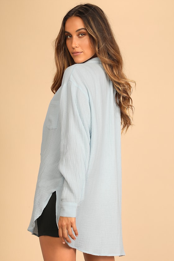 Easy To See Light Blue Oversized Button-Up Top