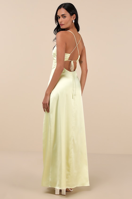 Stunning Example Light Yellow Satin Backless Maxi Dress