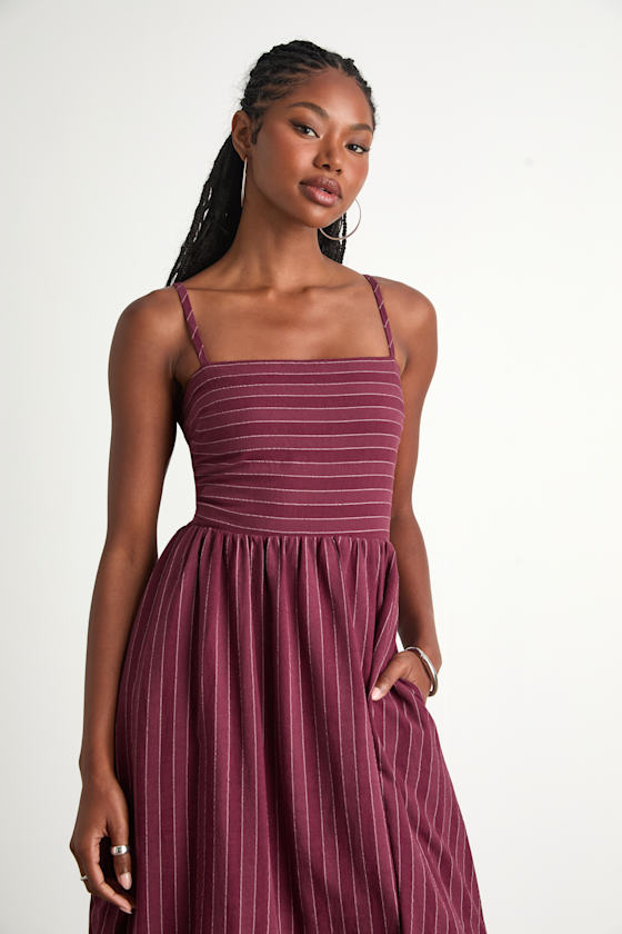 Feeling the Best Plum Striped Tie-Back Midi Dress with Pockets