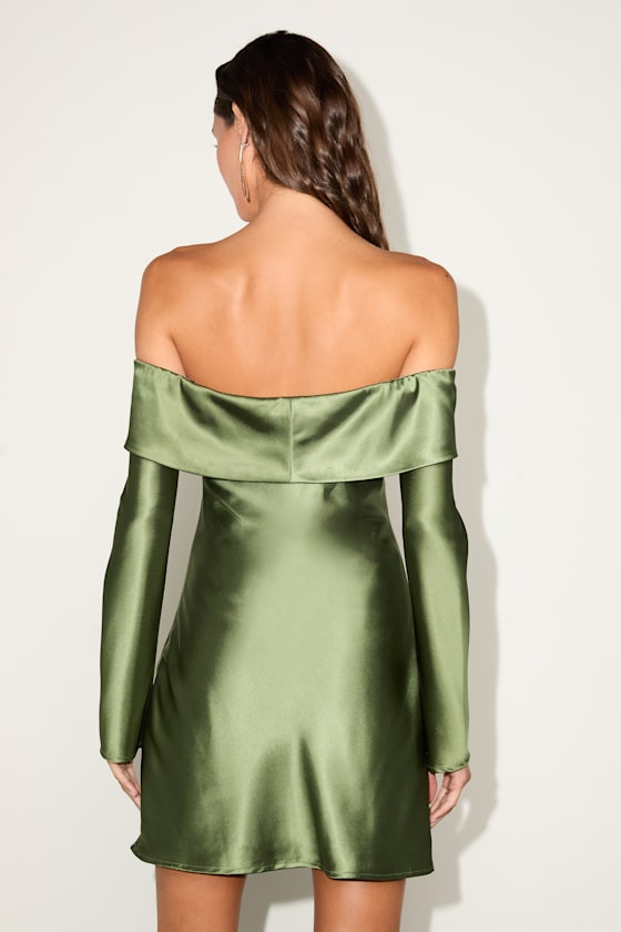 Luxurious Vision Olive Green Satin Off-the-Shoulder Mini Dress