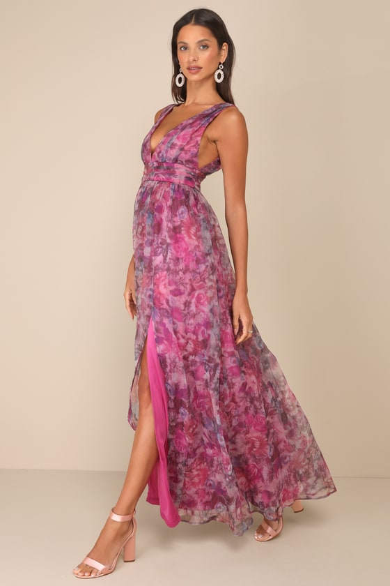 Garden Romance Magenta Floral Print Organza Maxi Dress