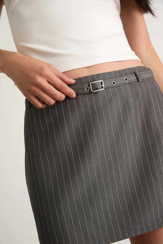 Niccola Grey Pinstriped Belted Low-Rise Mini Skirt