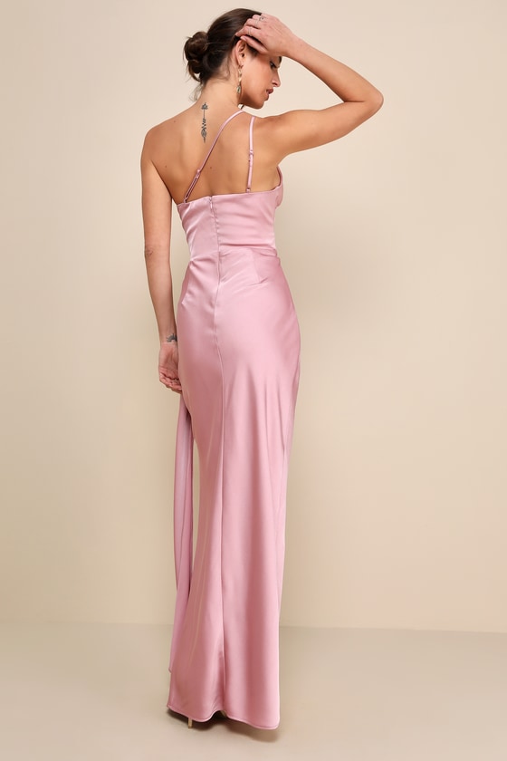 Signature Elegance Rose Satin One-Shoulder Maxi Dress