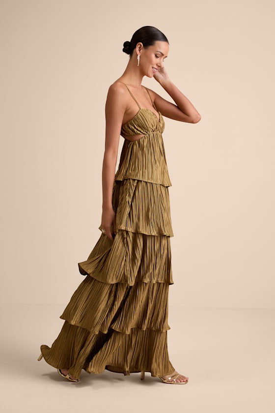 Kanya Gold Satin Plisse Tiered Maxi Dress