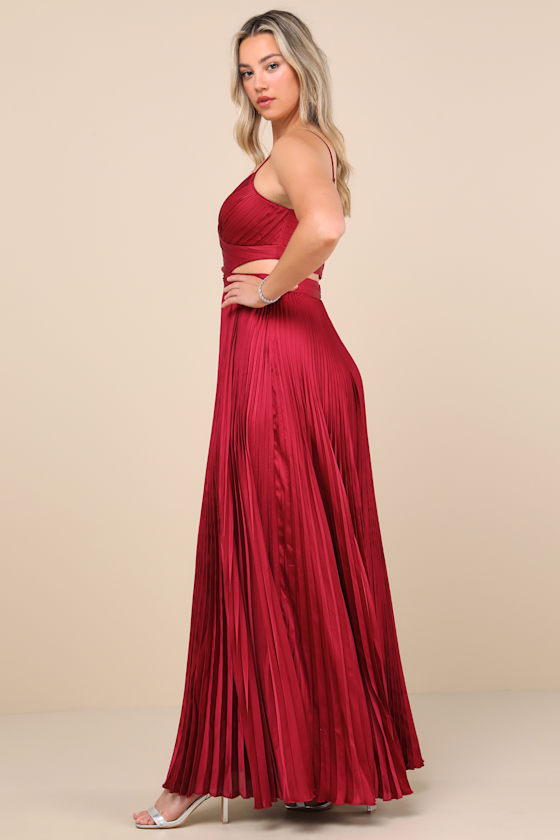 Got the Glam Wine Red Pleated Cutout Maxi Dress