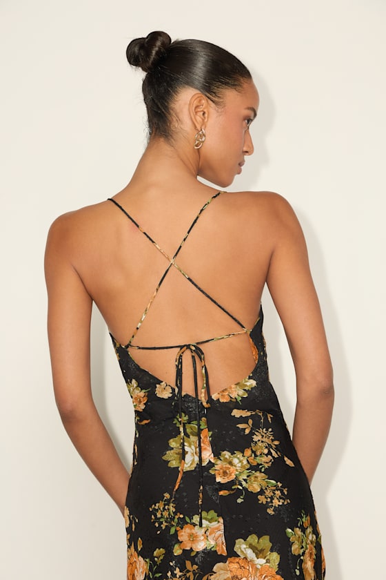 Petal Prowess Black Floral Print Lace-Up Cowl Midi Dress