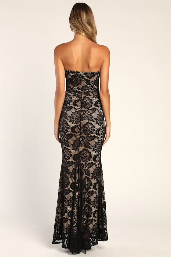 Sexy Sophistication Black Lace Strapless Trumpet Maxi Dress