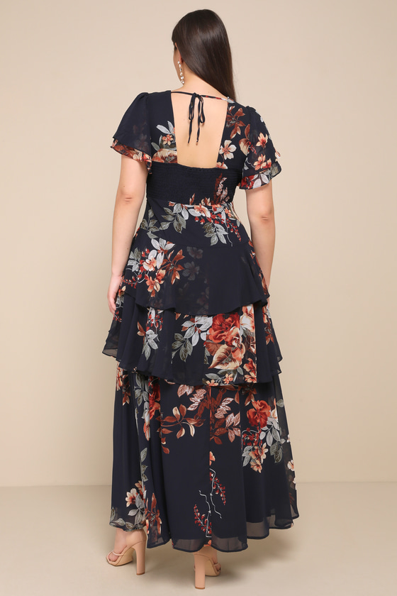 Midnight Mood Navy Blue Floral Print Tiered Maxi Dress