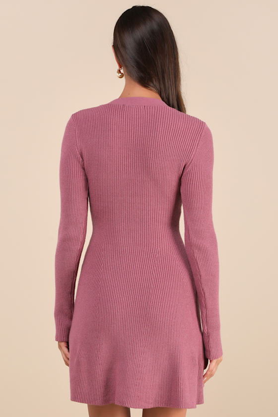 Adorably Flirty Mauve Pink Button-Front Sweater Mini Dress