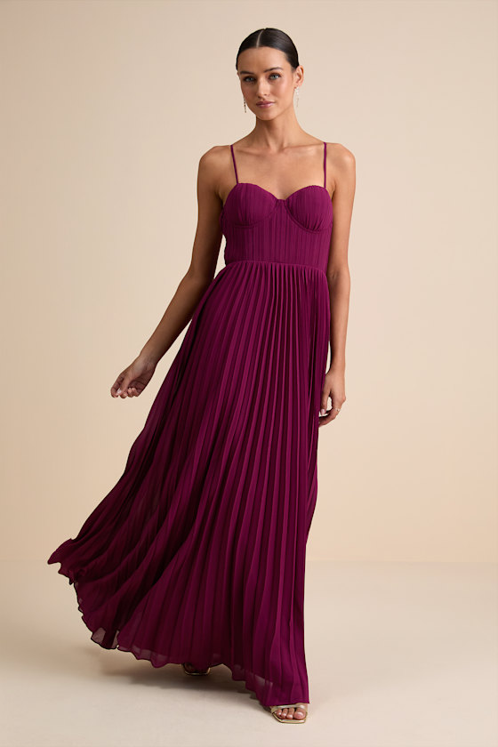 Admirable Elegance Plum Pleated Bustier Maxi Dress